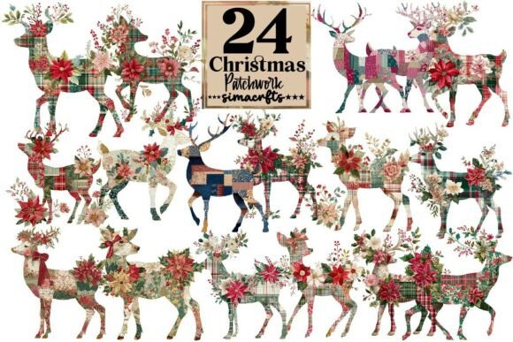 Christmas Patchwork, Reindeer PNG for Crafts