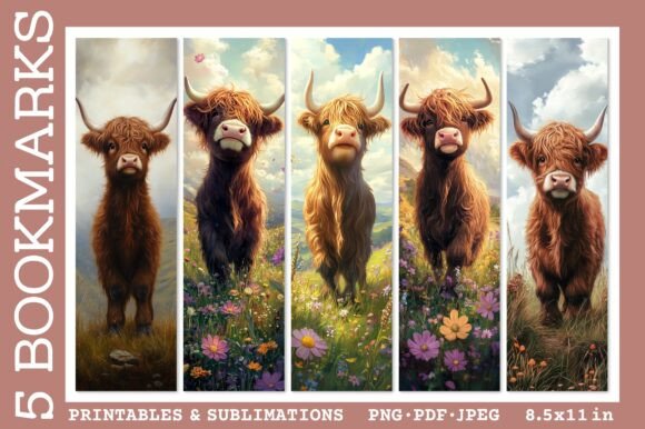 Cute Highland Cow Bookmarks PNG: Editorial Illustrations